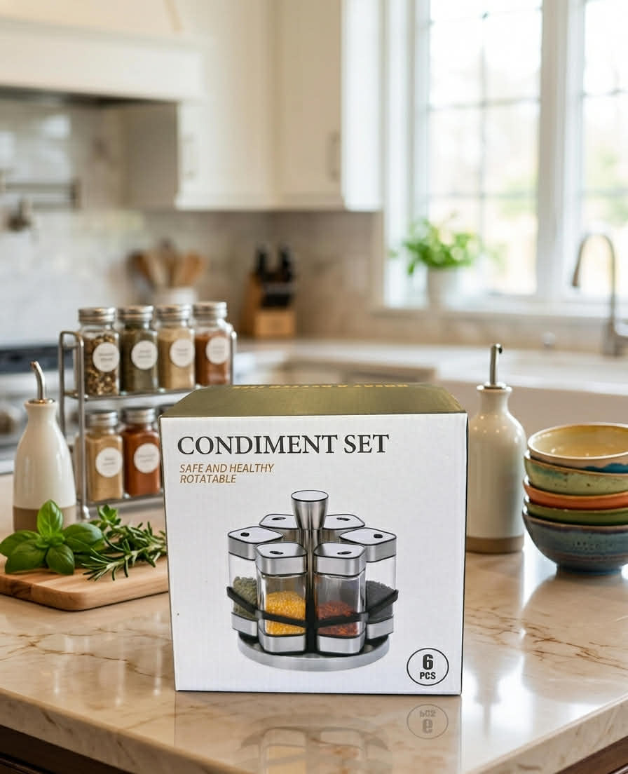 Rotating Spice Rack Set 6 pcs with Clear Jars for Kitchen Organization