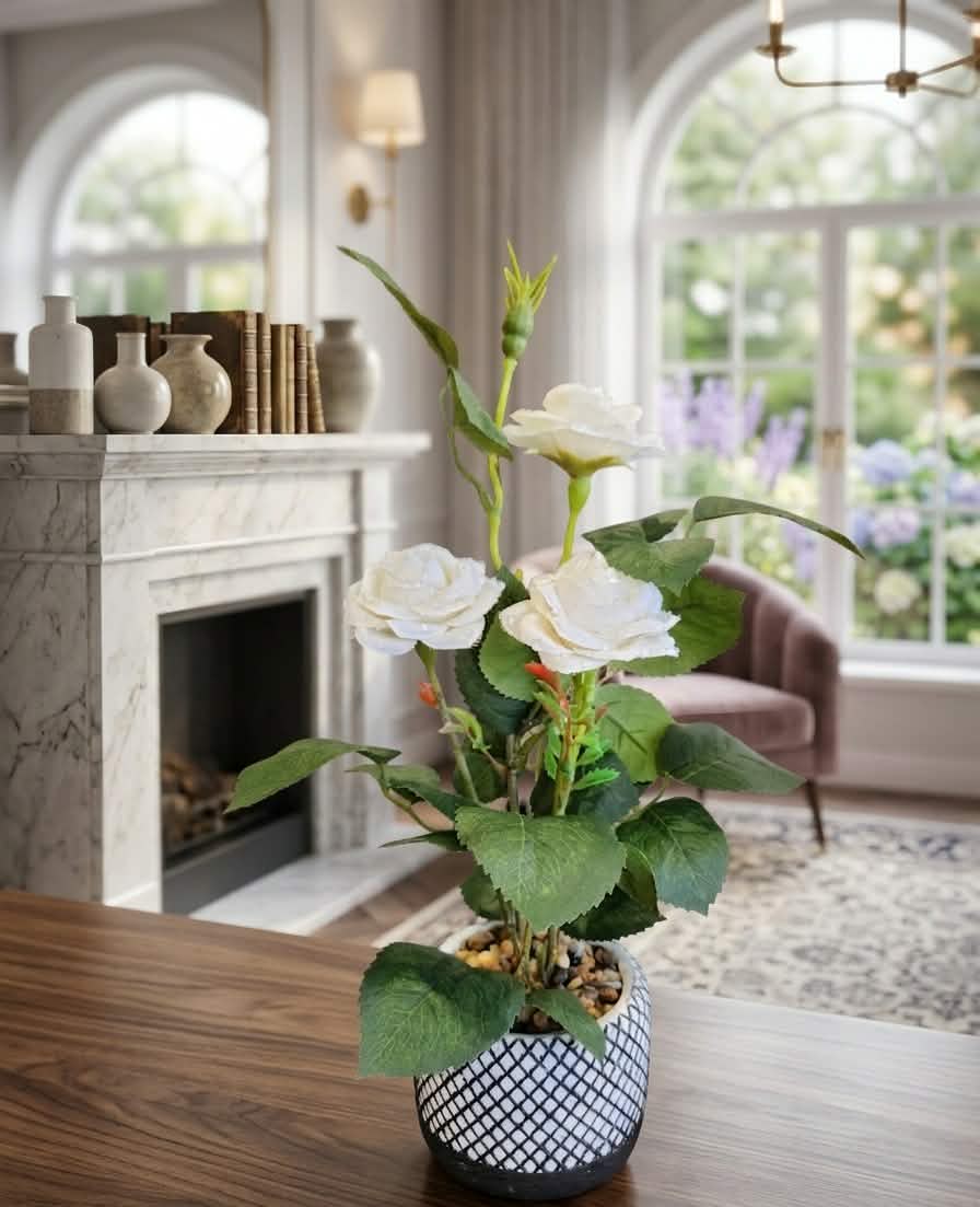 Elegant Faux Rose in Geometric Pot