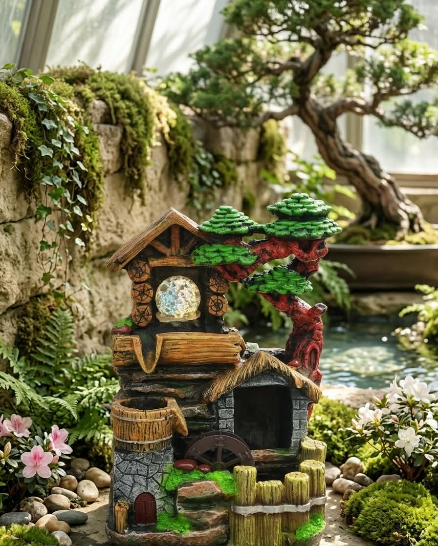 Rustic Village Water Mill Fountain