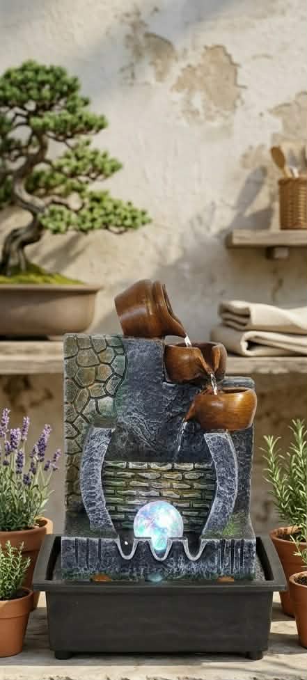 Rustic Stone & Pottery Cascade Fountain