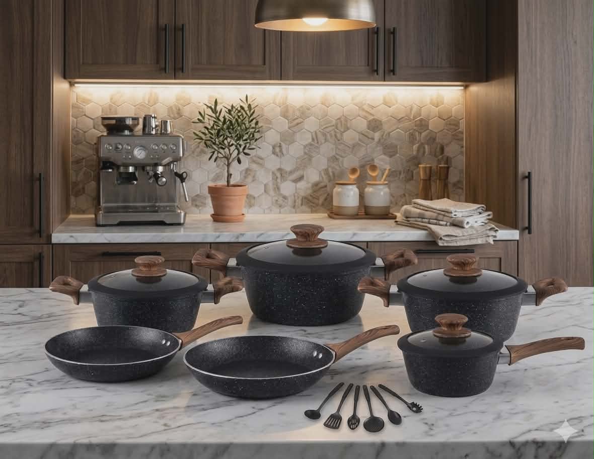 16-piece HotChef cookware set is crafted from durable die-cast aluminum