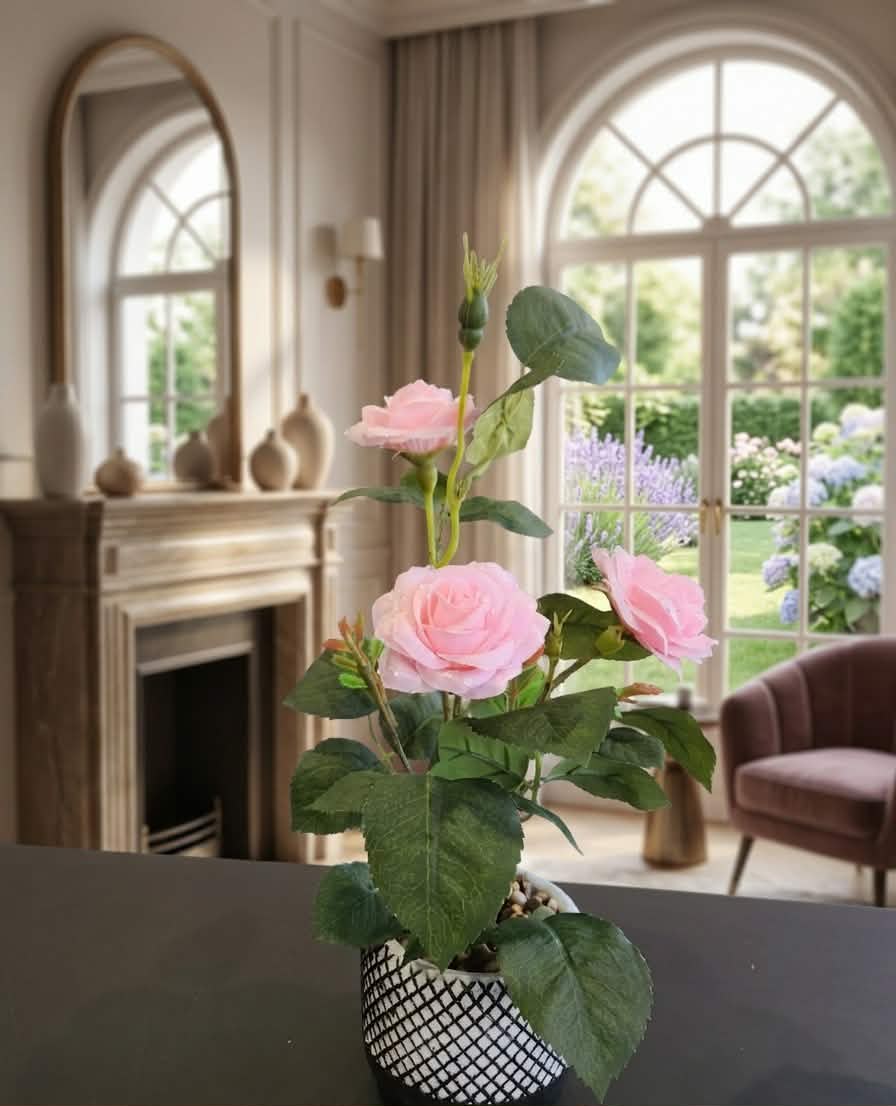 Elegant Faux Rose in Geometric Pot