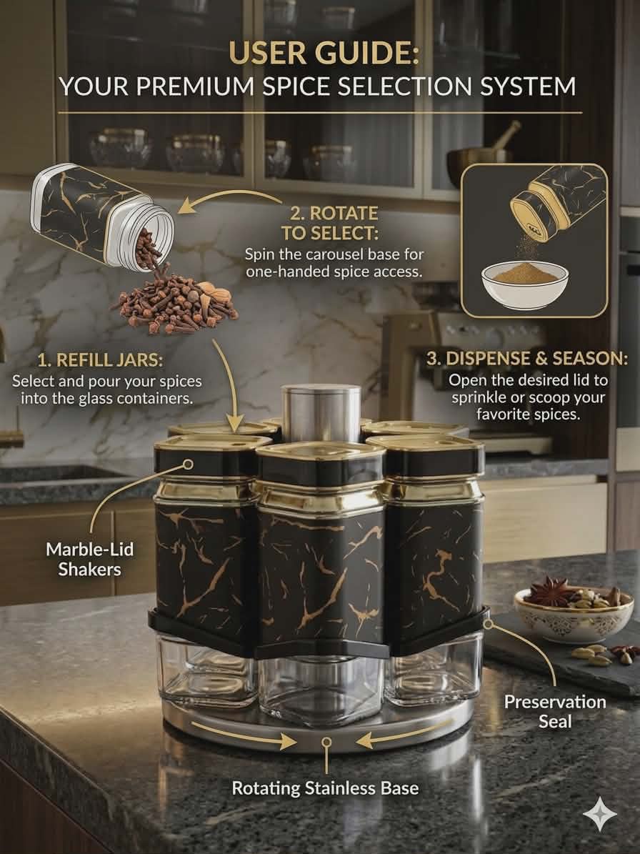 Rotating Spice Rack Set 6 pcs with Clear Jars for Kitchen Organization