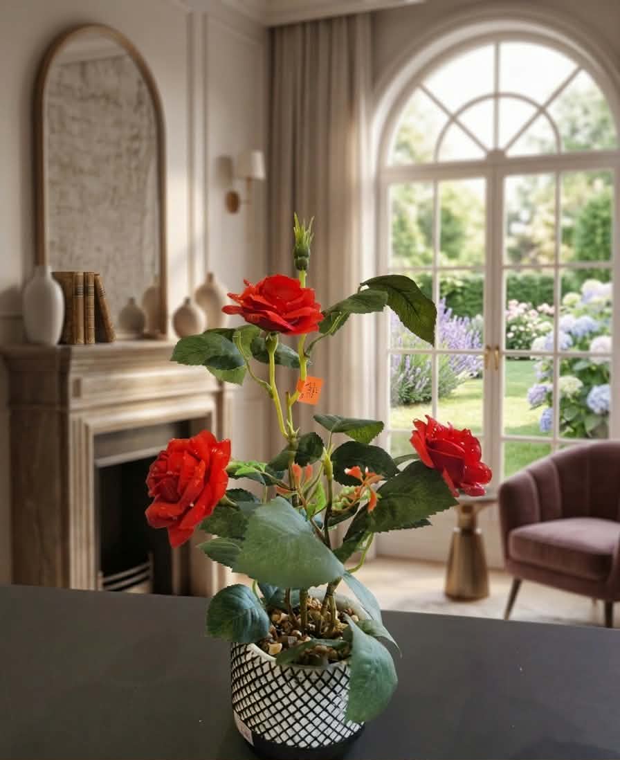 Elegant Faux Rose in Geometric Pot