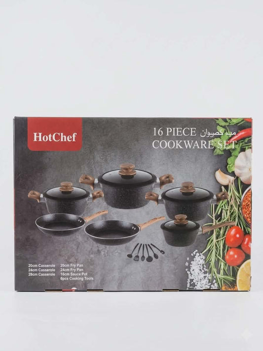 16-piece HotChef cookware set is crafted from durable die-cast aluminum